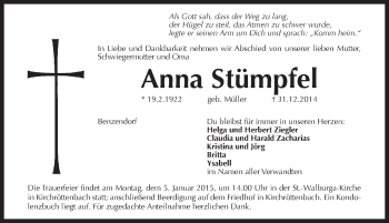 Traueranzeige von Anna Stümpfel von Pegnitz-Zeitung